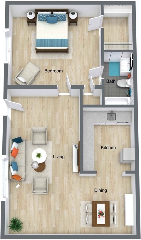 Floor plan for 1 bed, 1 bath, 645 sqft